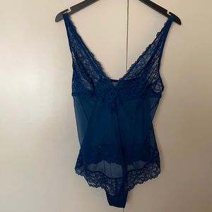 Delicate lace and mesh dark teal teddy.